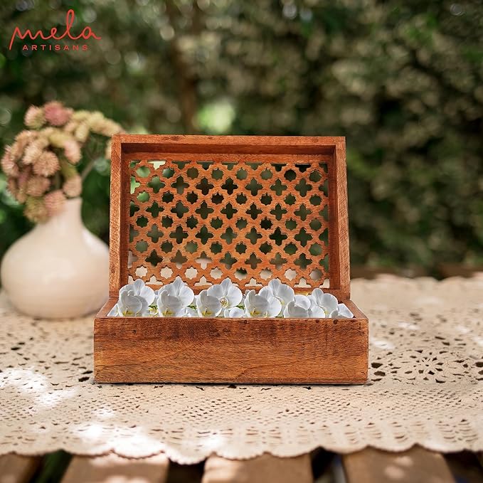 Mela Artisans Medium Polish Wooden Keepsake Box | Handmade Decorative Storage box for Jewelry, Photos & Letters| Elegant Memory & Trinket Box with Hinged Lid |Medium | Trellis Design | 7.5x4.5x3