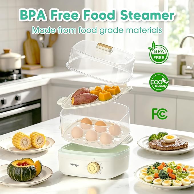 Electric Food Steamer for Cooking, 2-Tier Rapid Egg Cooker, Stackable Steam Cooker for Baby Food, Meal Prep, Quick Healthy Cooking for Vegetables, BPA-Free, 30-Min Timer, 3 Containers&1 Spoon Included