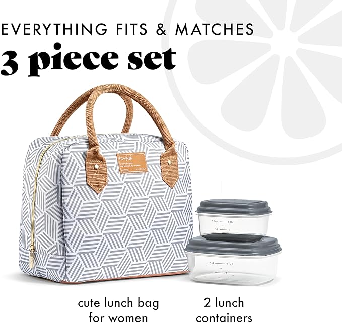 Fit & Fresh Bloomington Lunch Bag for Women - Insulated Large Lunch Box for Work with Containers, Leak-Resistant, Stain-Resistant, Zipper Closure, Gray Seaport Geo