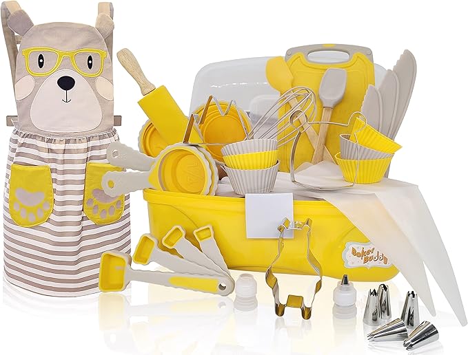Kids Baking Set 35-Piece with Teddy Bear Apron, Kid Friendly Knives, Cookie Cutters, Rolling Pin, Cutting Board, Whisk, Real Silicone Kitchen Accessories for Cooking and More from Baker Buddy