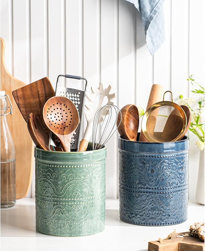 Kitchen Utensil Holder, 7 Inches Large Ceramic Utensil Holder for Countertop, Lace Emboss Cooking Utensil Crocks for Kitchen, Home Decor, Reactive Blue