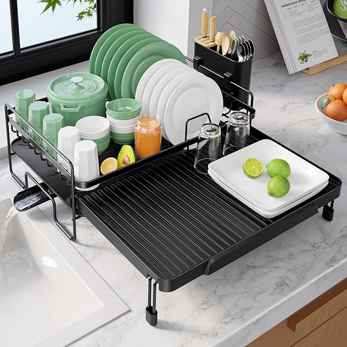 Kitsure Extendable Dish Drying Rack - Adjustable Length 12.8"–21.0", Auto-Draining Dish Rack for Kitchen Counter, Rust-Resistant Metal Frame Over-Sink Support for Plates, Bowls & Utensils, Black