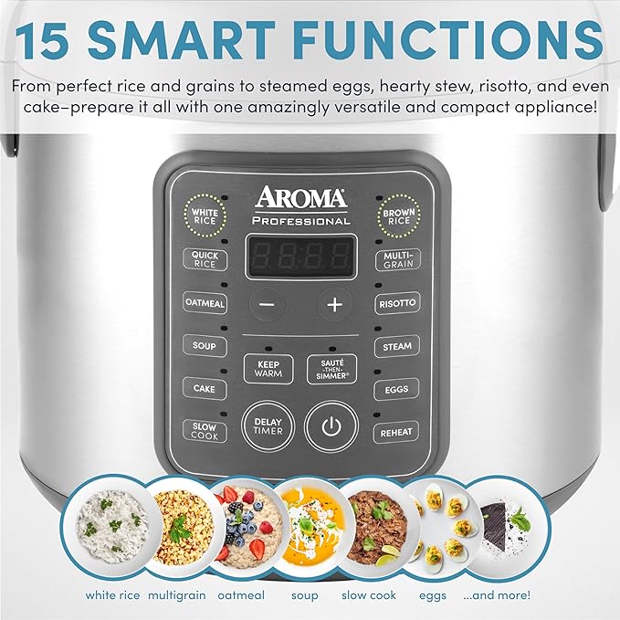 AROMA Professional Digital Rice Cooker, 10-Cup (Uncooked) / 20-Cup (Cooked), Multicooker, Slow Cooker, Steamer, Oatmeal Cooker, Egg Cooker, STS, 5 Qt, Gray, ARC-5200SG