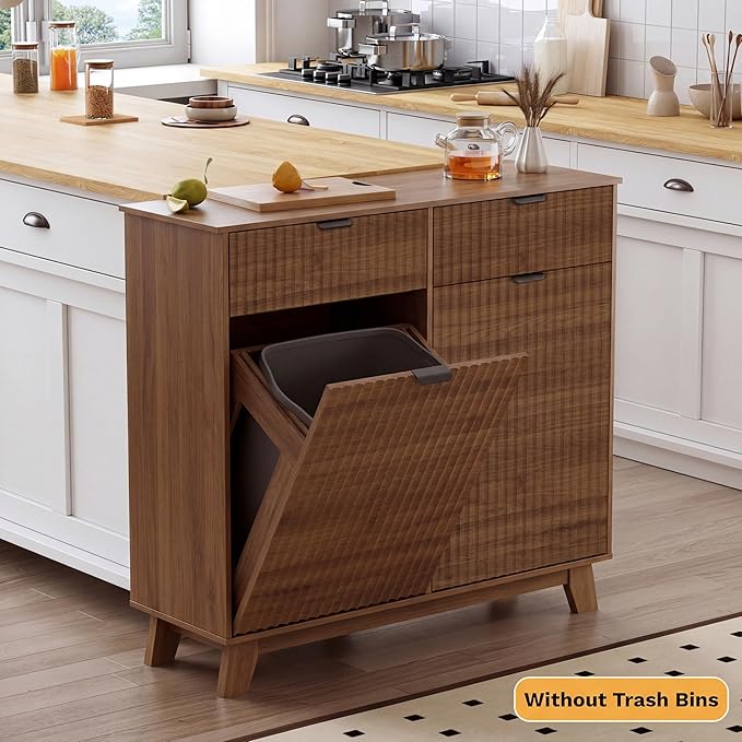 Double Tilt Out Laundry Hamper Cabinet, 20 Gallon Wooden Trash Can Cabinet with Storage Drawers, Hidden Fluted Bathroom Storage Cabinet for Kitchen, Living Room (Walnut Wood, 39.34"W x 35.83"H x 13"D)