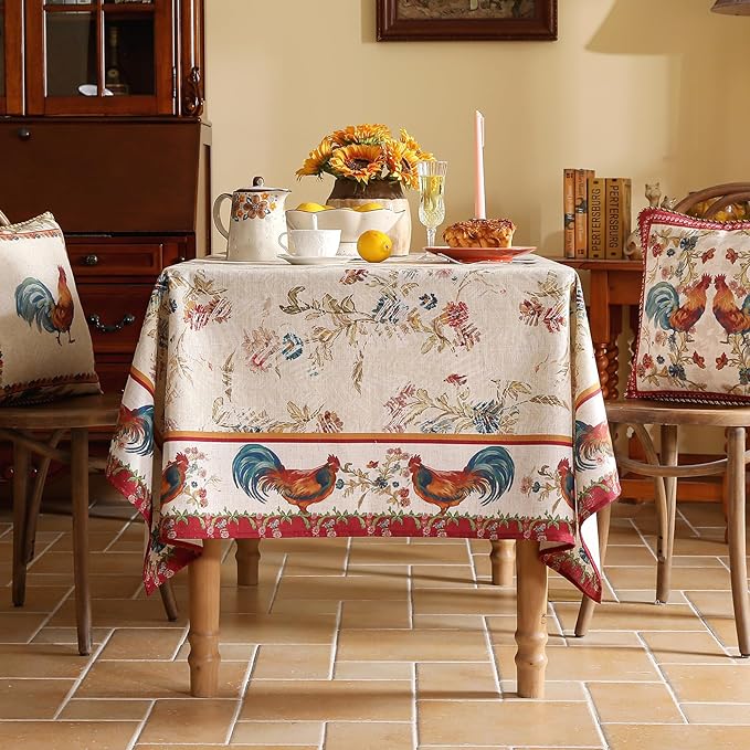 patdrea Designer French Tablecloth for Square Table,Vintage Red Linen Animals Pattern Floral Tablecloths,Decor Table Cover for Kitchen Dining Christmas,Party,Thanksgiving,67"x67"-Townlife E