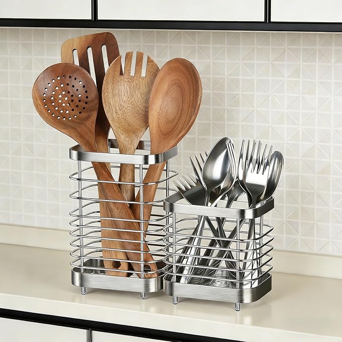 Utensil Holder, Stainless Steel Utensil Drying Rack for Kitchen Counter, Silverware Cutlery Flatware Holder Forks, Knives, Spoons, Chopsticks Organizer (Silver)