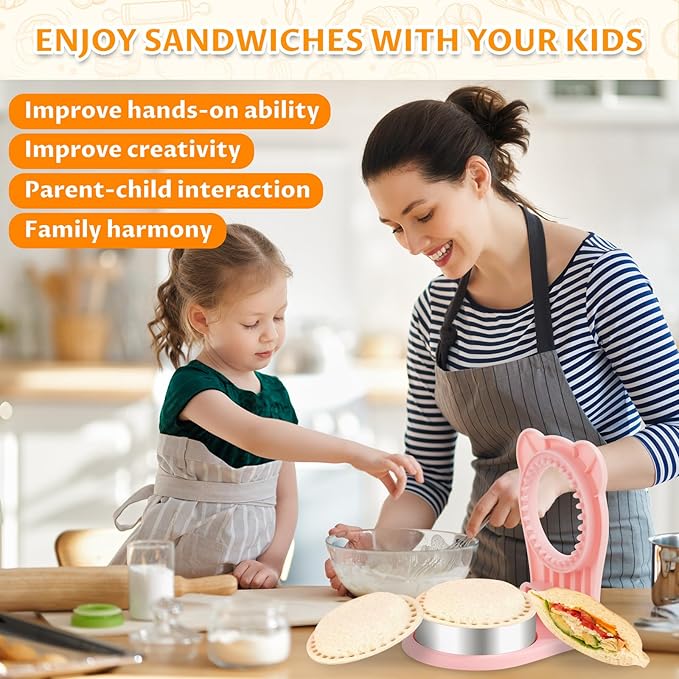 CHICHAUS Uncrustable Sandwich Maker,Sandwiches Pocket Circle Shape 3.7Inch Sandwich Cutter and Sealer,Sandwich Cutter for Kids Breakfast and lunchboxes (Pink)