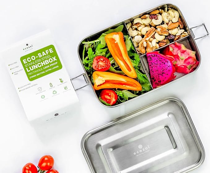 ecozoi Stainless Steel Lunch Box, Leak Proof 3 Compartment, Medium | Redesigned Silicone Seal | Sustainable Zero Waste Eco Friendly Bento Box Food Storage Container