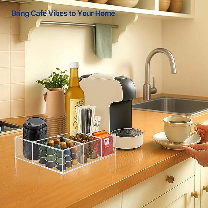Acrylic Coffee Bar Station – Snack Tea Organizer & Storage Holder for Office Coffee Table – Perfect Countertop Setup for Syrup, Creamer, Condiment and Snack Accessories