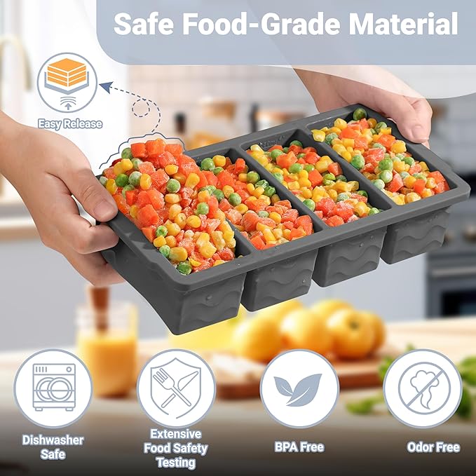Silicone Freezer Molds for Soup with Lid, 1-Cup & 2-Cup Large Ice Cube Trays Food Storage Containers for Meal Prep, Freeze 500mL/250mL/125mL Portions – 2 Pack