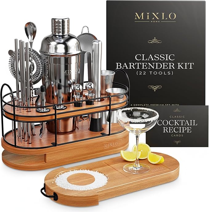 Mixology Bartender Kit - 22Pcs Bar Set Cocktail Shaker Set w Brown Bar Cart Accessories Stand - Shakers Bartending Silver Tools, 24oz Shaker, 17 Recipe Cards, Martini Barware