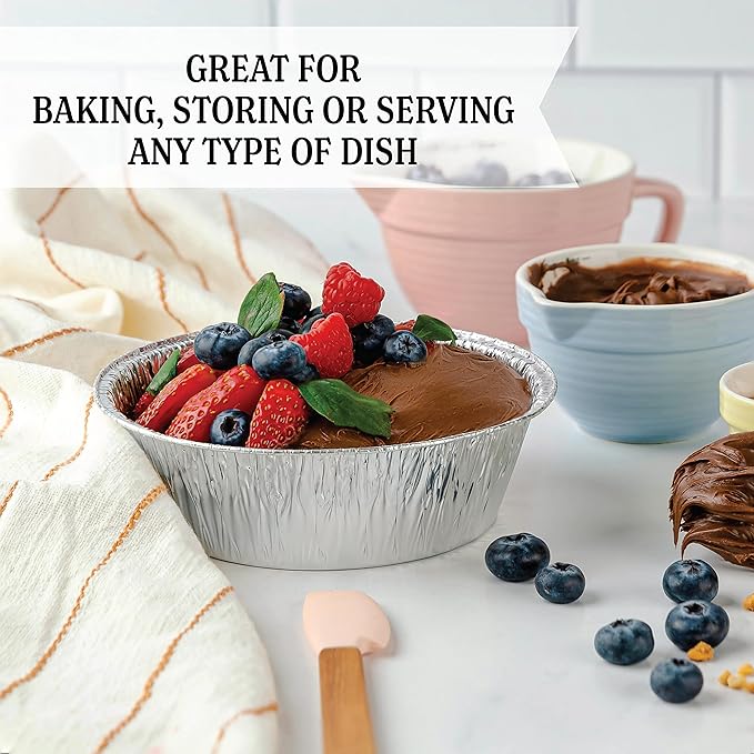 PLASTICPRO 6.5'' Inch Round Tin Foil Pans Disposable Aluminum, Freezer & Oven Safe - For Baking, Cooking, Storage, Roasting, & Reheating, Deep Pack of 50