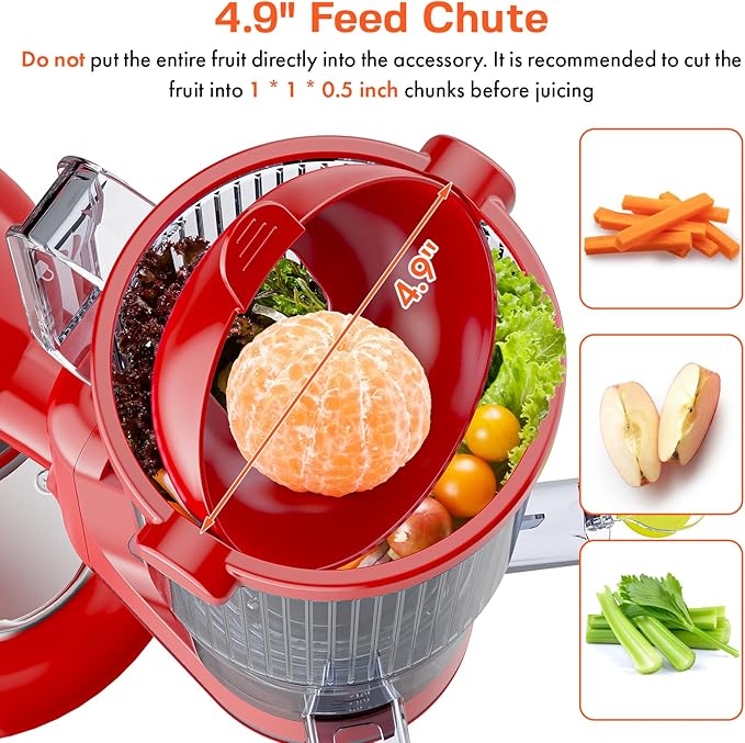 Juicer Attachment for KitchenAid, Cold Press Slow Juicer with 4.9" Large Feed Chute for Whole Fruits & Vegetables, Includes 2 * 1L Measuring Cups for KitchenAid Accessories and Attachments, Red