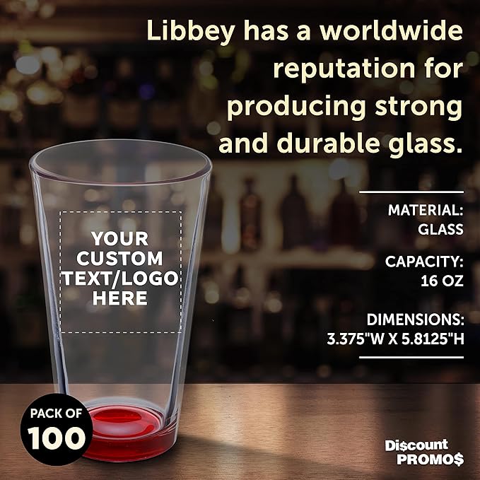 Custom Libbey Pint Glass 16 oz. Set of 100, Personalized Bulk Pack - Beer Glasses, Heavy Duty Drinkware - Red