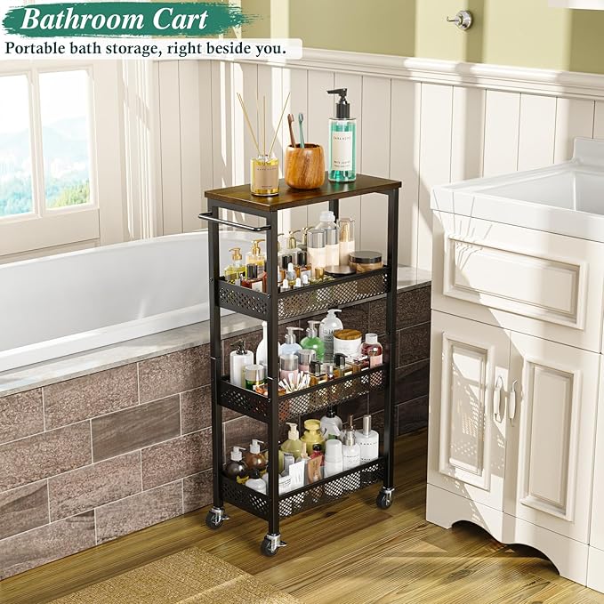 OKZEST Utility Slim Storage Cart, 4-Tier Narrow Bathroom Organizer and Storage Cart, Metal Narrow Kitchen Laundry Room Organization Rack with Wood Top, Slim Rolling Shelf with Wheels for Small Space