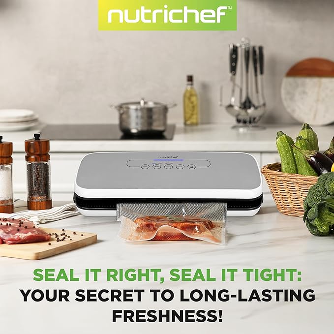 NutriChef Vacuum Sealer Machine – Compact Silver Vacuum Sealing System with Dry & Moist Modes, LED Indicators, Starter Kit & Extra Bags – Ideal for Food Preservation, Meal Prep & Sous Vide Cooking