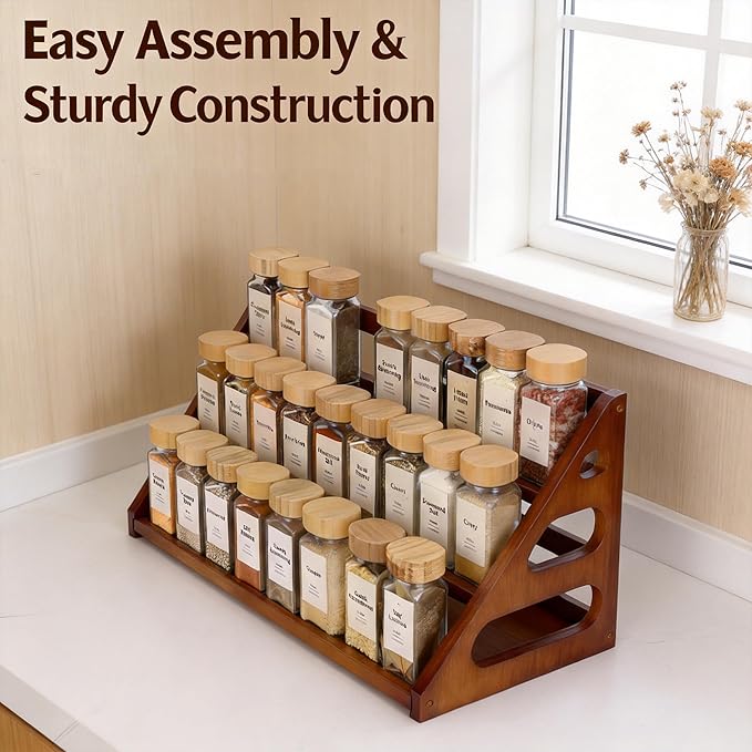 Spice Rack, Spice Organizer -3 Tier Bamboo Spice Racks, Solution for Spice Storage in Kitchens, Countertops，Storage Rooms and Other Places(Brown)