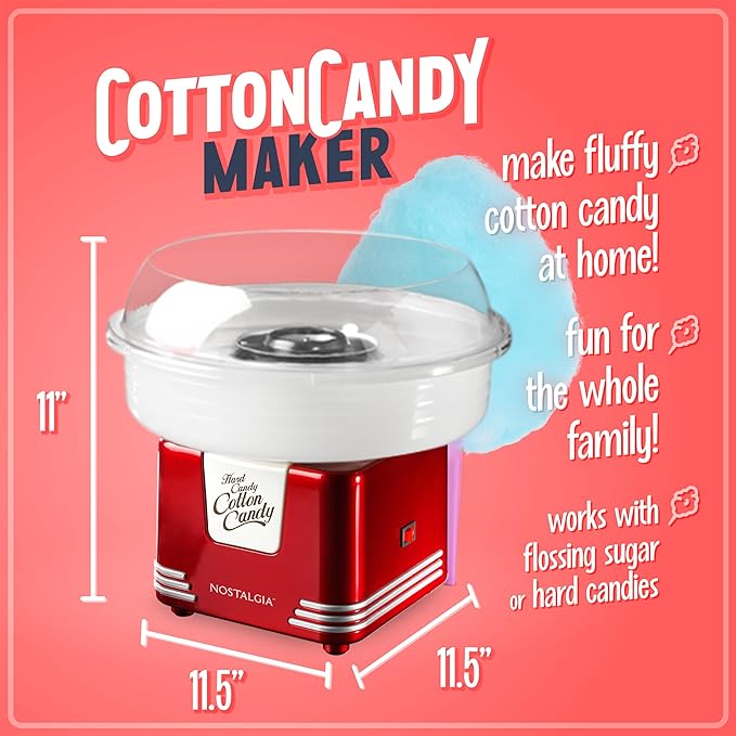 Nostalgia Retro Hard and Sugar Free Countertop Original Cotton Candy Maker, Includes 2 Reusable Cones and Scoop – Red