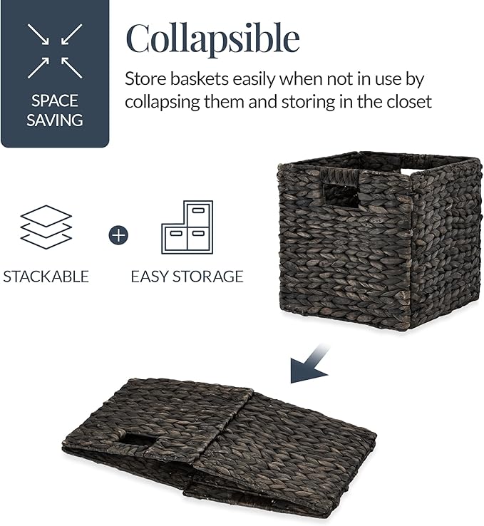 Best Choice Products 12x12in Pack of 5 Cube Storage Baskets, Water Hyacinth Multipurpose Collapsible Organizers, Handwoven Laundry Totes for Laundry, Living Room, Kids Room & Nursery - Black