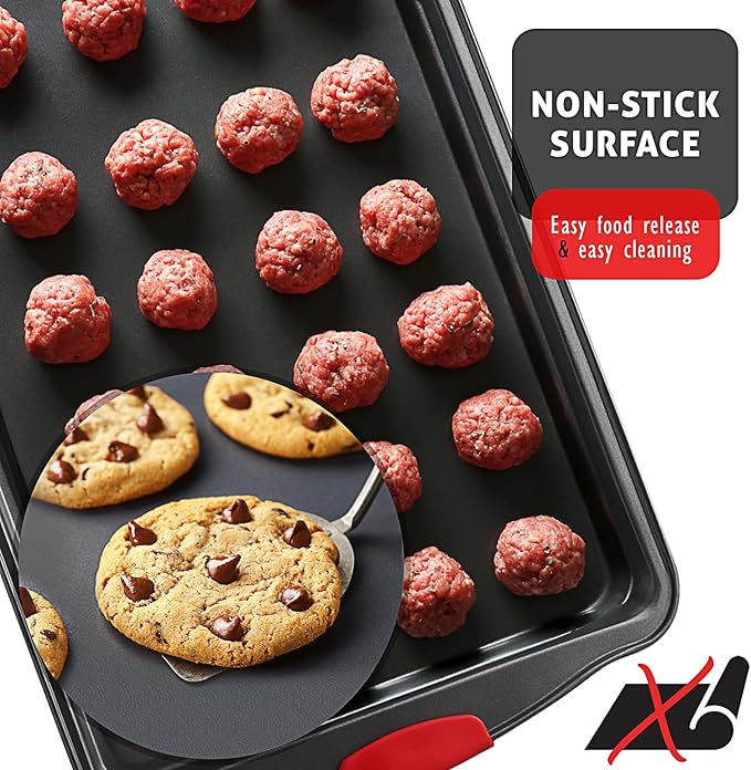 Baking Sheet Set, 2-Piece Large Cookie Sheet Set with Silicone Handles, Steel Baking Pan, Baking Sheets for Oven, BPA Free Cookie Sheets for Baking Nonstick Set, Premium Sheet Pan, Black Baking Tray