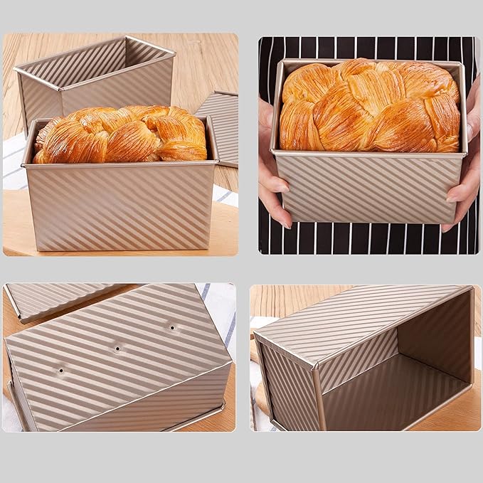 Pullman Loaf Pan with Lid, Aluminized Steel 1 Lb Nonstick Sandwich Bread Pan for Homemade Bread, 8.4x4.8 Inch Professional Rectangular Loaf Pan with Dough Scraper and Cutter