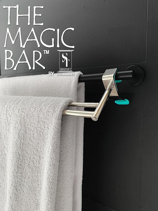 Bathroom Towel Bar Extender, The Magic Bar, Doubles Your Towel Space Fits Almost Any Towel Bar or Shower Walls, Faster Drying, No Tools Required, Expands from 14.5 to 25.5 Inches, Chrome (Double)