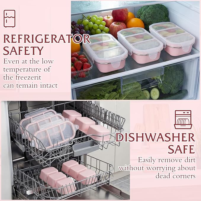 FoldTier 4 Pack Stainless Steel Snack Container for Adults 3-compartment Leak-proof Lunch Box for Work, Travel 10.6 x 4.1 x 2 Inch Stackable Reusable Metal Bento Box(Pink)