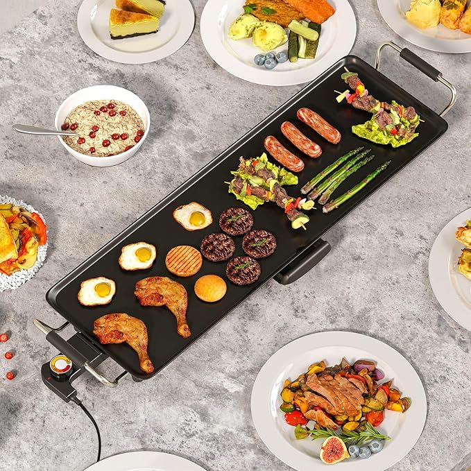Nightcore 27" Large Electric Griddle, Teppanyaki Grill w/Adjustable Thermostat, Insulated Handles, Drip Tray & Nonstick Surface, Pancake Griddle, Indoor Outdoor Tabletop BBQ Grill for Party Camping