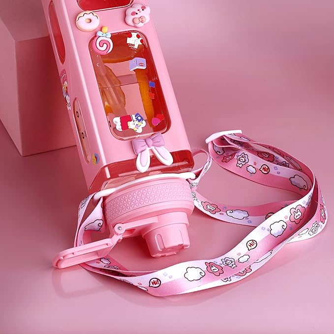 Kawaii Bear Pastel Water Bottle With 3D Sticker 700ml Plastic Travel Tea Juice Milk Portable Cute Shaker Drink Bottle Gift (Pink)