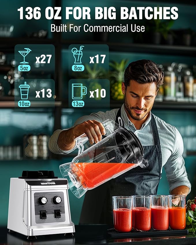 WantJoin 136oz Commercial Blender – Heavy Duty 18800 RPM Professional Blender with Pure Copper Motor, Multi-Speed, Dishwasher Safe for Smoothies & Juices