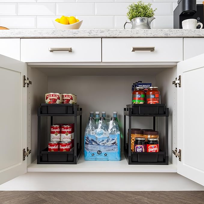 IRIS USA Under Sink Organizer, 2 Pack, Pull Out Under Cabinet Organizers and Storage, Kitchen Shelf Pantry Bathroom Under Counter, Cleaning Supplies, Vertical Spice Rack Slide Out Drawer, Easy Install
