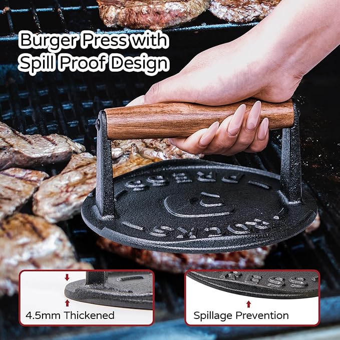 7 Inch Bacon Press, Heavy Duty Cast Iron Grill Press, 2.5 lbs Round Smash Burger Press with Wood Handle & Raised Edge, Food-Grade Griddle Press for Hamburger Bacon Seared Steak Sandwiches and Panini