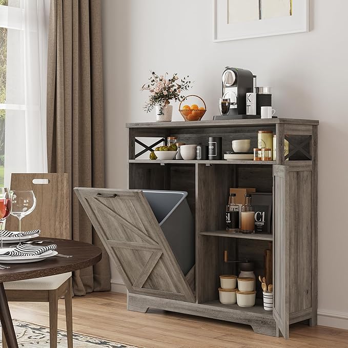 Befrases Tilt Out Trash Can Cabinet for 13 * 1 Gallon Trash Can, Farmhouse Kitchen Island Cabinet with Adjustable Shelf for Hidden Laundry Basket, Dog Proof Garbage Can for Dining Living Room, Grey