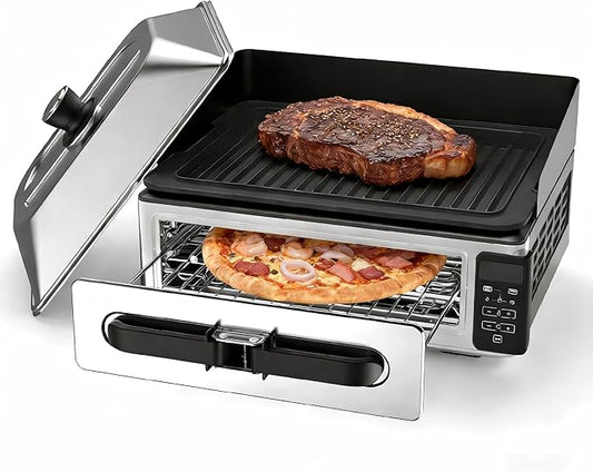 OLIXIS Electric Grill Indoor for Steak and Veggies, Smokeles Griddle with Lid for Kitchen Cooking, Countertop Oven Includes Temp Control/Grill Plate/Splash Guard/Crumb Tray, Black/Silver