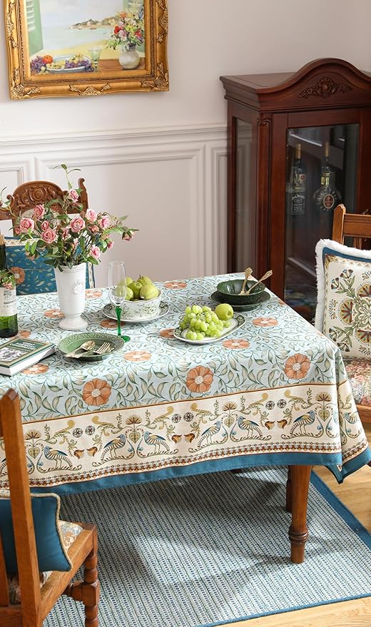 patdrea Designer French Linen Blue Tablecloth for Rectangle Table,Vintage Floral Table Cloth,Colorful Decoration Fall Cover Kitchen Dining for Thanksgiving,Tea Party,Christmas,63"x110"-Wensel