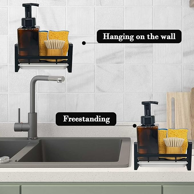 VANTEN Kitchen Sink Caddy Sponge Holder Organizer, Sink Tray Drainer Rack, Soap Dish Dispenser Brush Holder Storage Accessories - Countertop or Adhesive Wall Mount, Matte Black Stainless Steel
