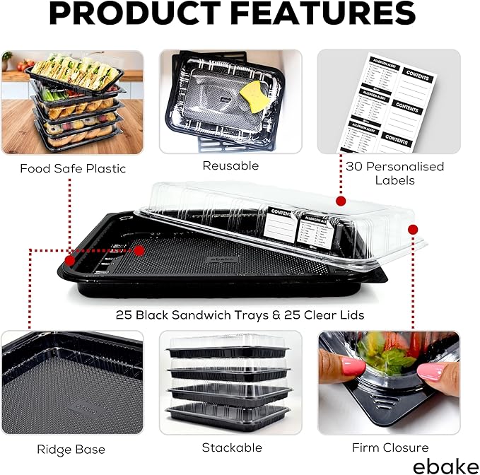 25 Pack Catering Trays with Lids – 13" Serving Tray with Lid, Heavy Duty Recyclable Plastic Party Platters for Catering, Buffet, Picnics & Events – Food Trays with Clear Lid (13.39 × 9.84 × 2.95 inch)