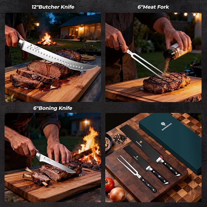 3Pcs Carving Knife Set with Sheath – for Turkey, Meat, BBQ, Brisket, Razor Sharp Slicing Knife, Professional 5Cr15MoV Stainless Steel, Ergonomic Full Tang Wood Handle, Gift Box Included
