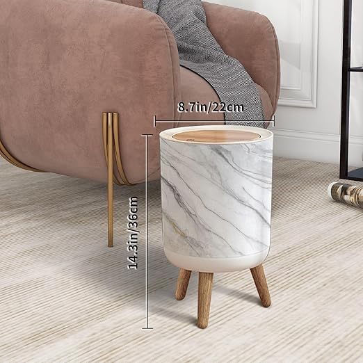 Trash Can with Lid Marble Texture Abstract Press Top Round Small Garbage Bin with Wooden Legs Waste Basket for Kitchen Bedroom Nursery 7L/1.8 Gallon