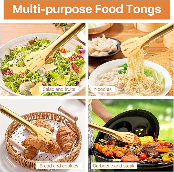 6 Pack Gold Serving Tongs, 12.9 Inch Stainless Steel Salad Tongs, Food Tong Serving Utensils for Cooking Buffet Wedding Party Catering