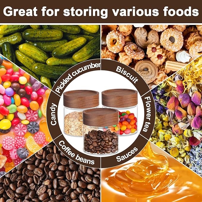 Glass Jar with Wood Lid, 4 Pack 8oz 240ml Coffee Jars with Airtight Lids, Wooden Screw Top Pantry Storage Glass Canister, Clear Kitchen Container for Spice, Sugar, Tea, Oats, Candy, Bean, Nuts