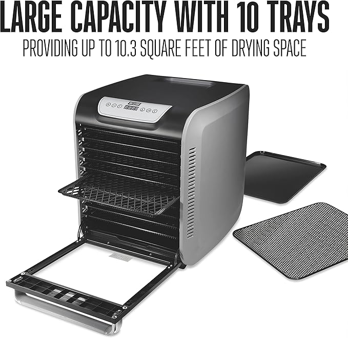 Weston Food Dehydrator Machine for Jerky, Fruit, Meat, Herbs, Vegetables, with Precision Digital Temperature Control (90-160F), 10 Stackable Trays (10.3 sq. ft.), Gray (75-1001-W)