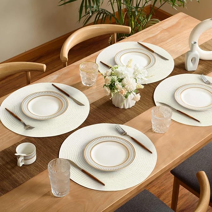 FunWheat Round Braided Placemats Set of 6 Place mats for Dining Tables Woven Heat Resistant Table Mats 15 inch (Ivory,6pcs)