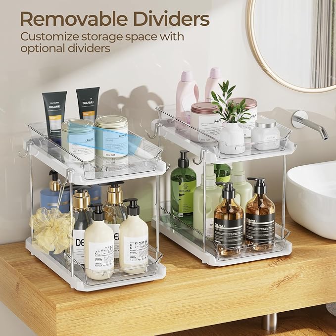 Delamu 2 Tier Bathroom Under Sink Organizers and Storage with Hook, Multi-Purpose Cabinet Drawers with Movable Dividers, Pull Out Organization for Countertop, Kitchen and Pantry(White, 2 Pack)