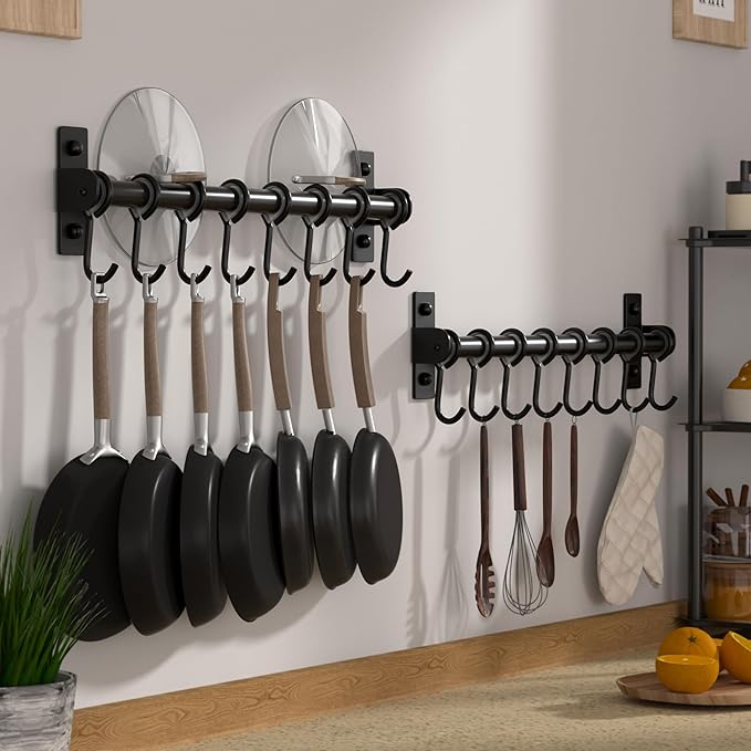 Dseap Kitchen Utensil Holder Hanger, Pot and Pan Rack Wall Mount, Kitchen Rail with 8 Hooks for Hanging Cooking Utensils, Mugs, Spoons, Wall Mounted, Stainless Steel, Black