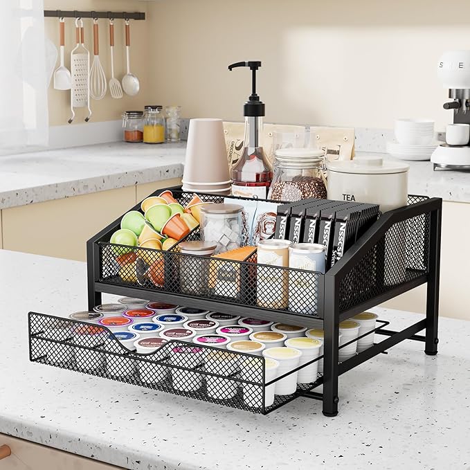Homsorout Coffee Bar Organizer - Coffee Station for Countertop, Metal and Wood K Cup holder Storage Basket with Drawer for Syrup, Cups, Stirrer, Condiment, Tea Organizer, Black