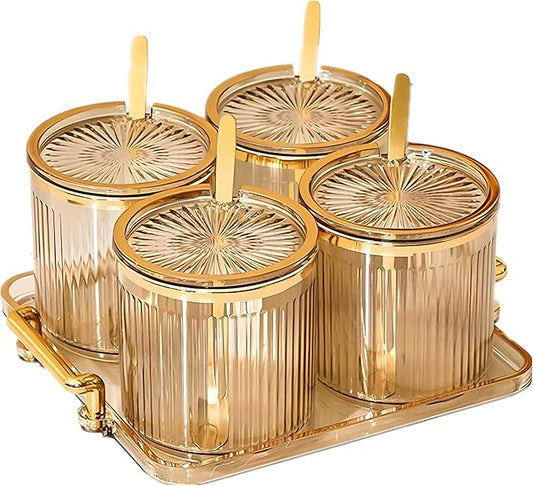 Acrylic Condiment Spice Jars,Condiment Spice Box With Lids and Spoons and Tray,Clear Plastic Condiment Canisters,Seasoning Box 4 Pack,Seasoning Box Set for Kitchen to Storage Salt,Paprika,Sugar