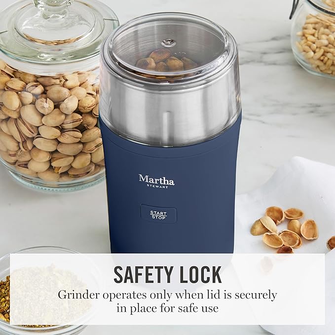 Martha Stewart Electric Coffee & Spice Grinder, Dual 2.5oz Removable Bowls, Storage Lids, Stainless Steel Blades, One Touch Pulse Control, 2-in-1 Compact, Beans & Spices, Herbs & Nuts, Indigo Blue