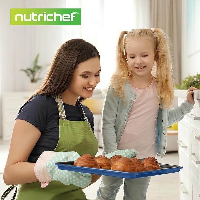 NutriChef 8-Piece Nonstick Stackable Bakeware Set - PFOA, PFOS, PTFE Free Baking Tray Set w/Non-Stick Coating, 450°F Oven Safe, Round Cake, Loaf, Muffin, Wide/Square Pans, Cookie Sheet (Blue)