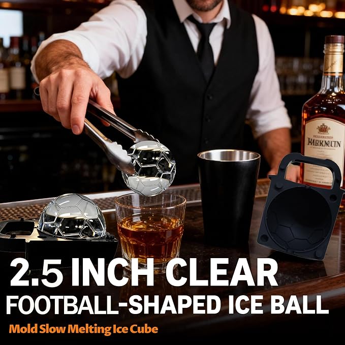 Clear Ice Cube Maker Tray – 2.5 Inch Large Football Ice Spheres Mold, Stainless Steel & Silicone, Slow Melting Crystal Ice for Whiskey, Cocktails, and Home Bar Use (Football-1 Pack)